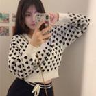 V-neck Heart Print Cropped Sweater White - One Size