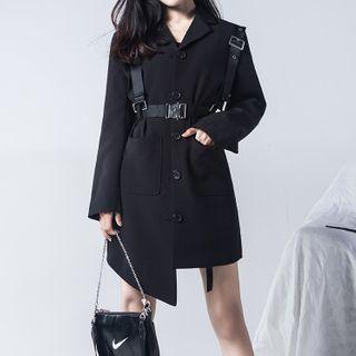 Set: Long-sleeve Open-collar Mini A-line Shirtdress + Harness Belt Black - One Size