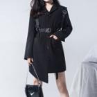 Set: Long-sleeve Open-collar Mini A-line Shirtdress + Harness Belt Black - One Size