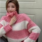 Off-shoulder Striped Sweater Pink & White - One Size
