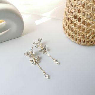 925 Sterling Silver Rhinestone Butterfly Dangle Earring 1 Pair - As Shown In Figure - One Size