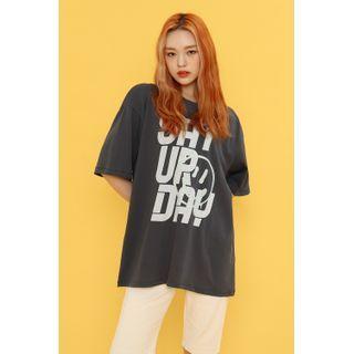 Letter Smiley-printed Boxy T-shirt Charcoal Gray - One Size