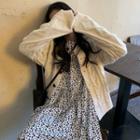 Cable Knit Cardigan / Puff-sleeve Floral Printed Dress