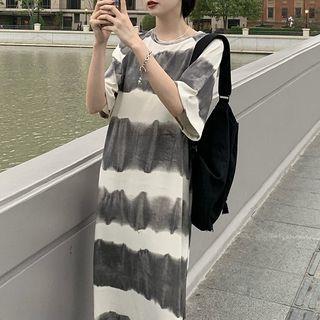 Short-sleeve Striped Midi A-line Dress Gray & White - One Size