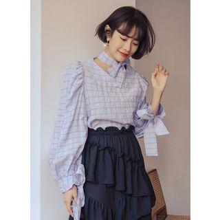 Tie-detail Plaid Blouse