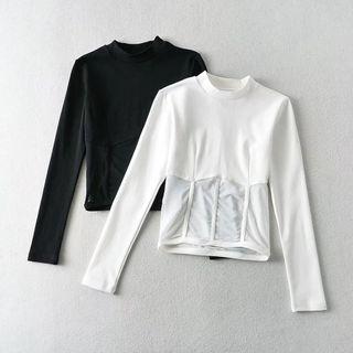 Long-sleeve Paneled Shirred T-shirt