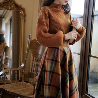 Set: Mock-neck Sweater + Plaid A-line Skirt