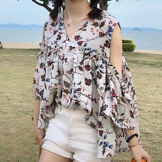 Floral Cold Shoulder Elbow-sleeve Top
