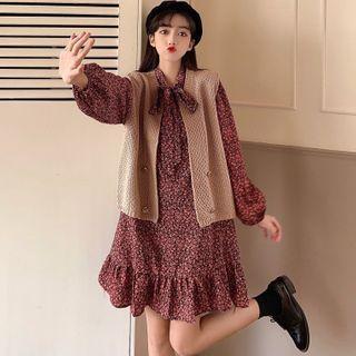 Flower Print Long-sleeve Shift Dress / Pointelle Knit Vest