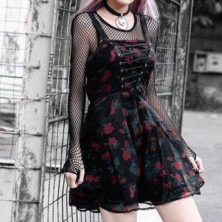 Set: Long-sleeve Fishnet Top + Spaghetti Strap Floral Print Lace Trim Mini A-line Dress