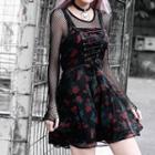 Set: Long-sleeve Fishnet Top + Spaghetti Strap Floral Print Lace Trim Mini A-line Dress