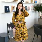 Floral Wrap Dress With Sash Mustard Yellow - One Size
