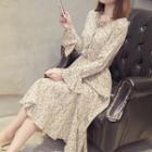 Ruffle Trim Floral Long-sleeve Midi Dress