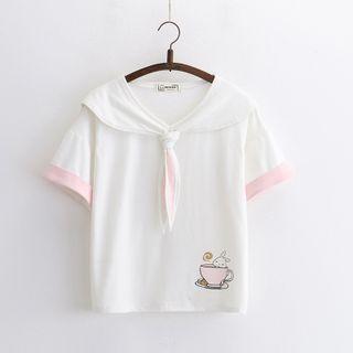 Short-sleeve Sailor Collar Cartoon Print T-shirt Cartoon Print - White - One Size