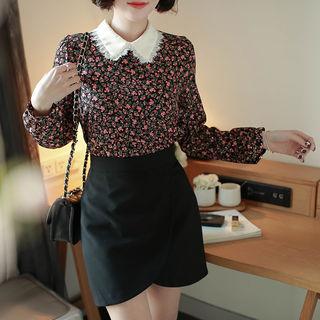 Lace-trim Contrast-collar Floral Blouse