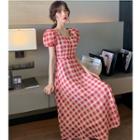 Plaid Puff-sleeve A-line Midi Dress