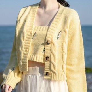 Set: Embroidered Cardigan + Cropped Knit Top + Mesh A-line Midi Skirt