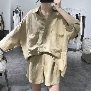 Set: Plain 3/4-sleeve Pocket Blouse + Wide-leg Shorts