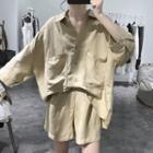Set: Plain 3/4-sleeve Pocket Blouse + Wide-leg Shorts
