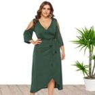 Plus Size 3/4 Sleeve Off-shoulder Tie-waist A-line Dress