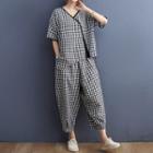 Set: Short-sleeve V-neck Gingham Blouse + Harem Pants Set - Gingham - Black & White - One Size