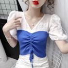 Two-tone Drawstring Short-sleeve Blouse