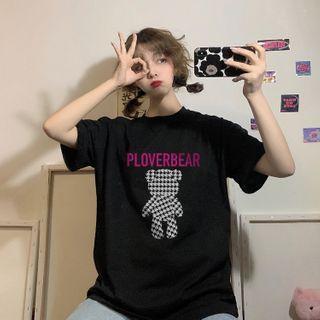 Short-sleeve Houndstooth Bear Print T-shirt