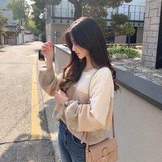 Color-block Boxy Furry Rib-knit Top Beige - One Size