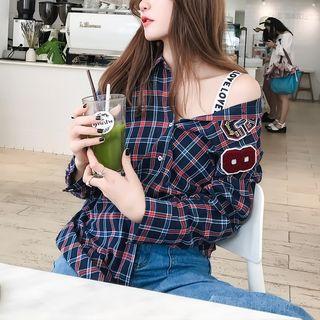 Lettering Strap Patched Plaid Shirt As Shown In Figure - One Size