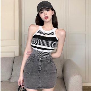 Skinny Printed Halter Top As Figure - One Size