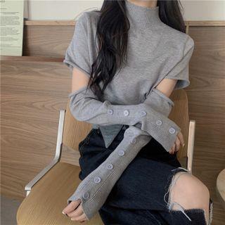 Set: Mock-neck Short-sleeve Knit Top + Arm Sleeves