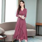 Long-sleeve Ruffled Glitter A-line Midi Dress