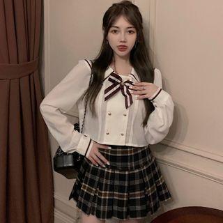 Bow Accent Blouse / Plaid Mini Pleated Skirt