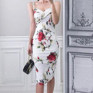 Spaghetti Strap Midi Floral Sheath Dress