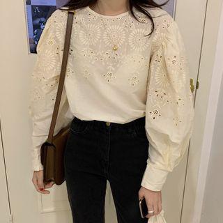 Balloon-sleeve Eyelet Blouse Almond - One Size