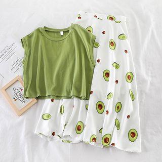 Set: Tank Top + Avocado Print High-waist Midi Skirt