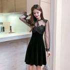 Dotted Mesh-sleeve Rhinestone Velvet A-line Dress