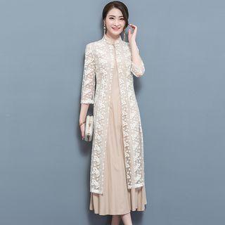 Mock Two Piece Embroidered 3/4 Sleeve Midi Dress