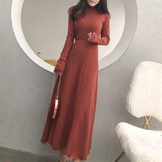 Long-sleeve Mock Neck Maxi A-line Knit Dress