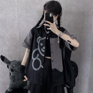 Cartoon Bear Panel Short-sleeve Button-down Shirt As Shown In Figure - One Size