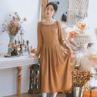 Long-sleeve Pleated Midi Rib-knit Dress