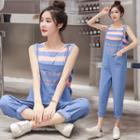 Striped Tank Top / Short-sleeve Cartoon Print T-shirt / Lettering Jumper Pants / Set