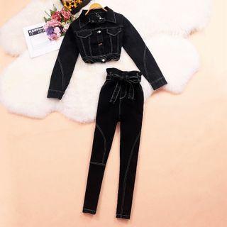 Set: Denim Jacket + Tie-waist Jeans