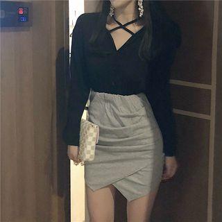 Long-sleeve Buttoned Top / Asymmetrical Fitted Skirt