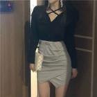 Long-sleeve Buttoned Top / Asymmetrical Fitted Skirt