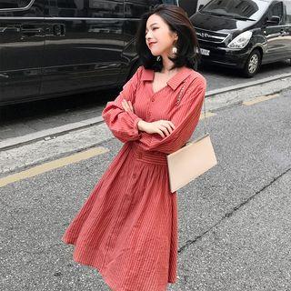 Long-sleeve Pinstriped A-line Shirtdress