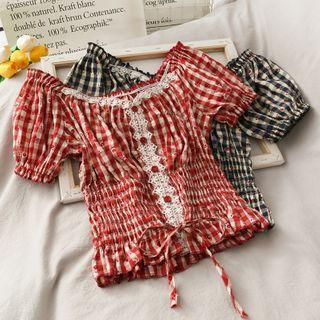 Boatneck Lace-trim Smocked Checker Blouse
