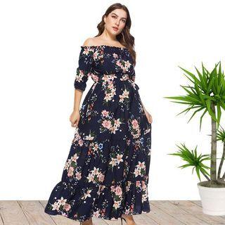 Plus-size Off-shoulder Floral Midi A-line Dress
