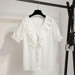 Short-sleeve Lace-trim Buttoned Top