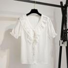 Short-sleeve Lace-trim Buttoned Top